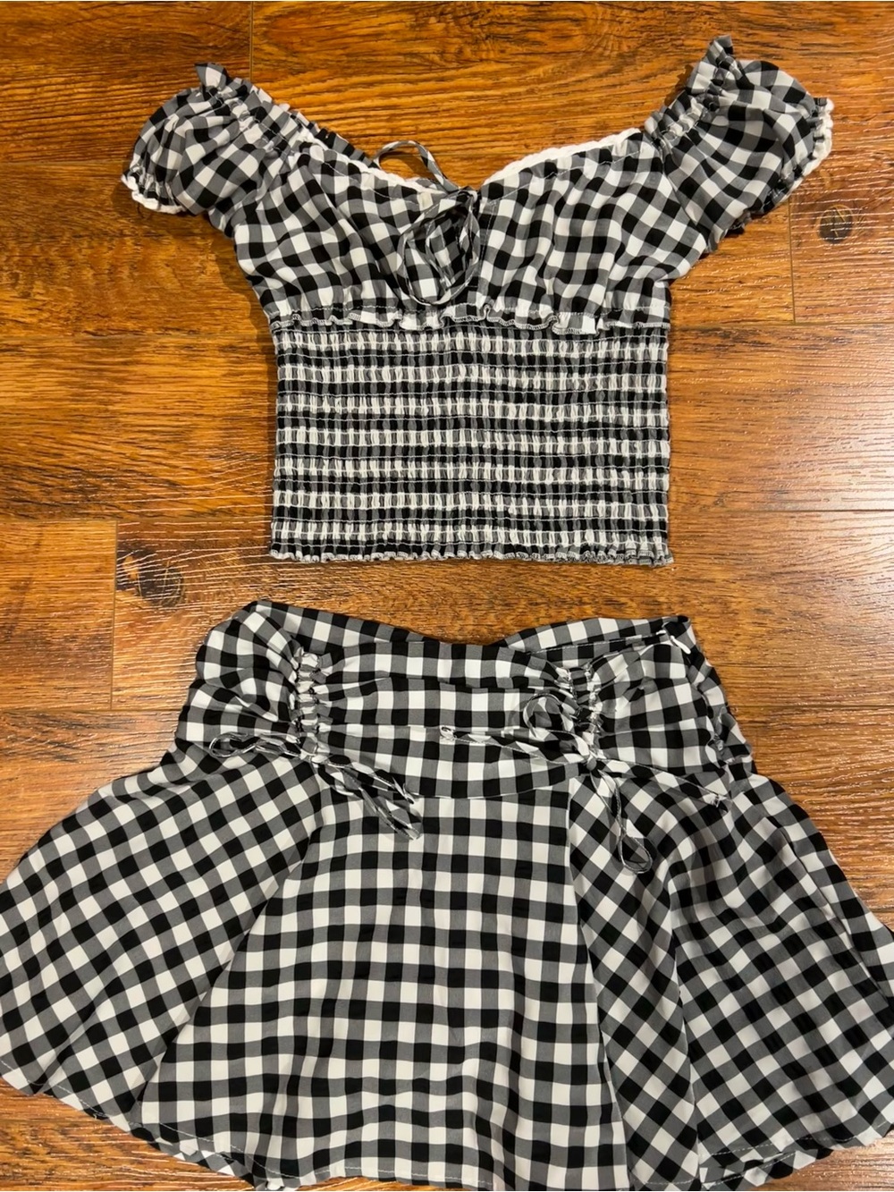 Ardene Black & White Gingham Smocked Off-Shoulder Crop Top and Skirt - Women